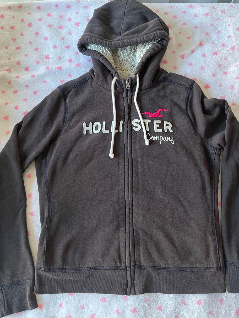 Hollister Black Sherpa-Lined Zip Hoodie with White logo and Pink Seagull